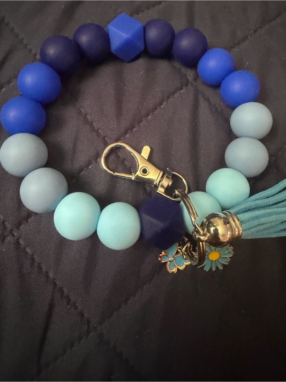Blue Ombre Beaded Charm Bracelet Keyring with Tassel